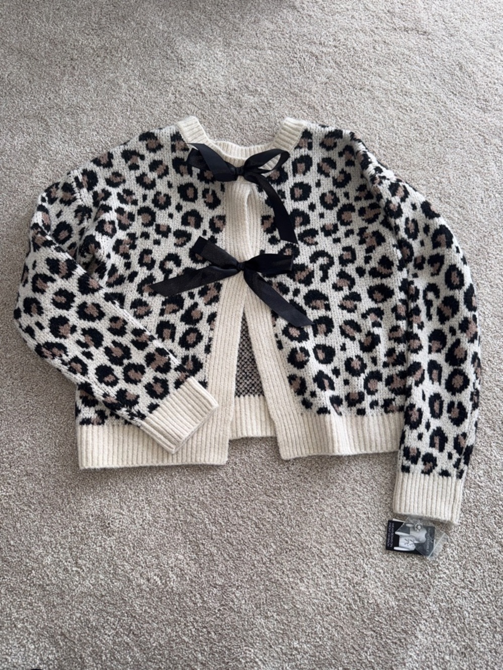 Leopard Print Bow-Front Women's Sweater Cardigan - Ivory & Black